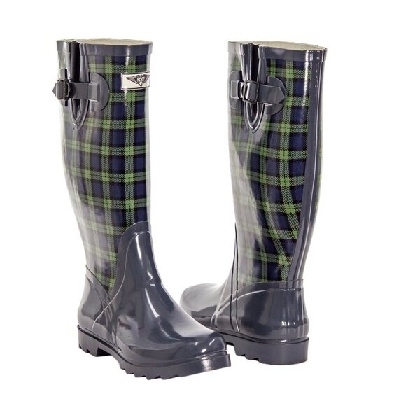 Women's Rainboots, Tall Rubber Rain Boots, RB-1407, Green Plaid, Size 6 - Picture 1 of 4